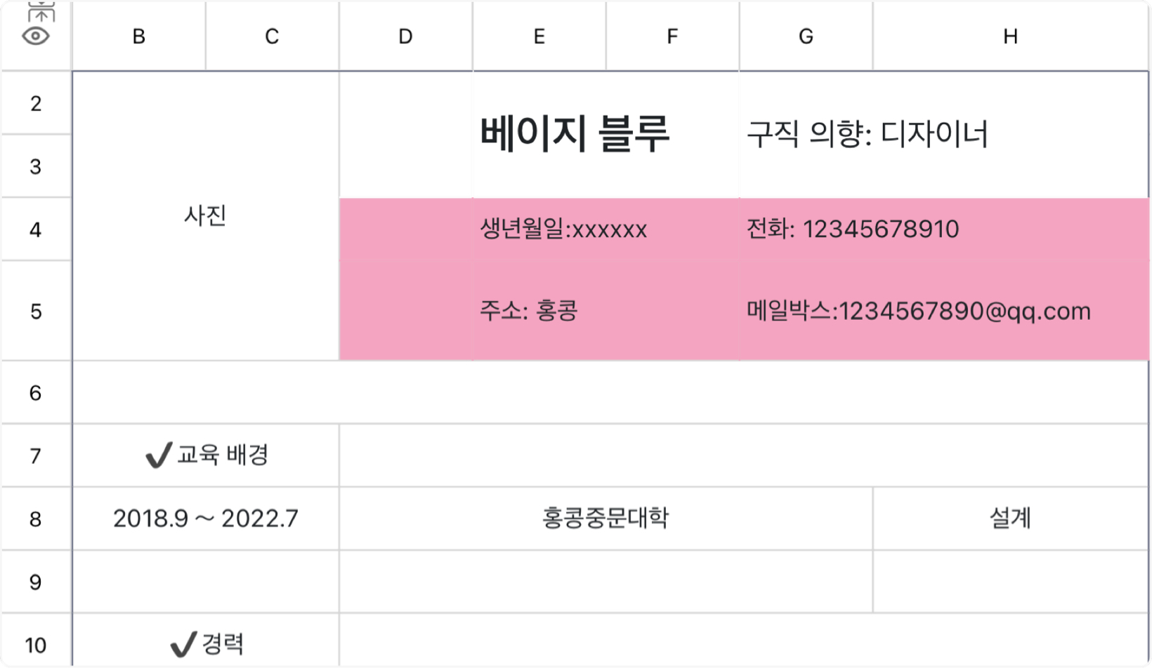 핑크색 입사 이력서
